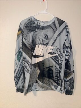 SHEIN Gray and White Money Print Crewneck Sweatshirt